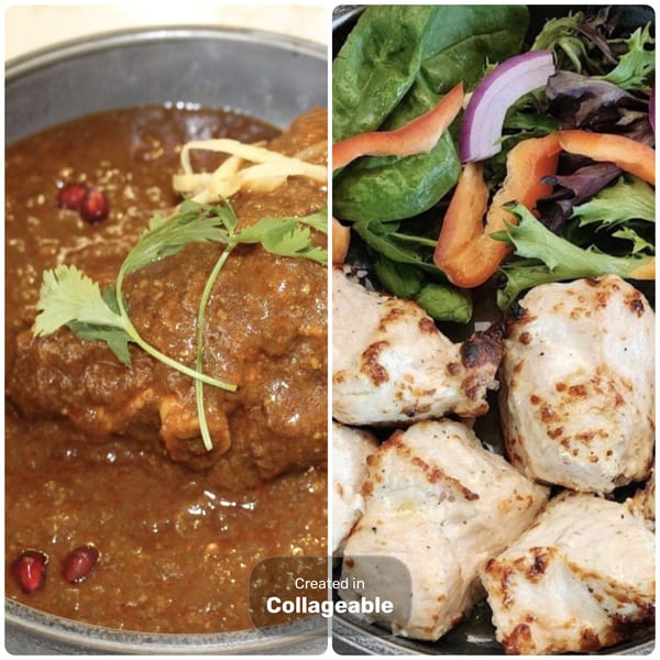 Dark curry with cilantro and pomegranate, alongside grilled chicken with a fresh mixed green salad.