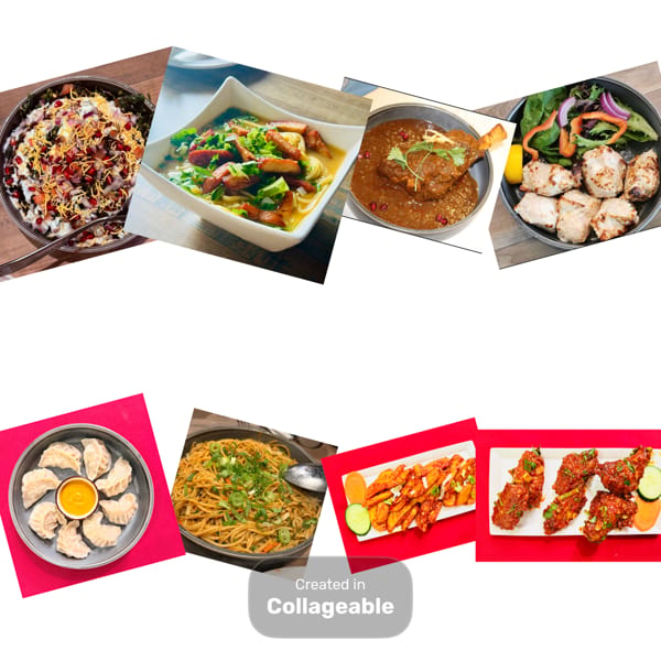 Collage of diverse Indian and Asian dishes, including curries, noodles, dumplings, and chicken.